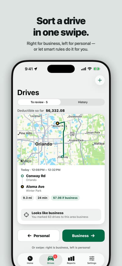 Sort a drive in one swipe: a drive on a map with Personal and Business buttons.
