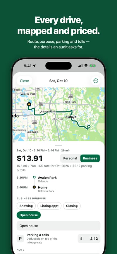 Every drive, mapped and priced: a drive’s route, purpose and parking.