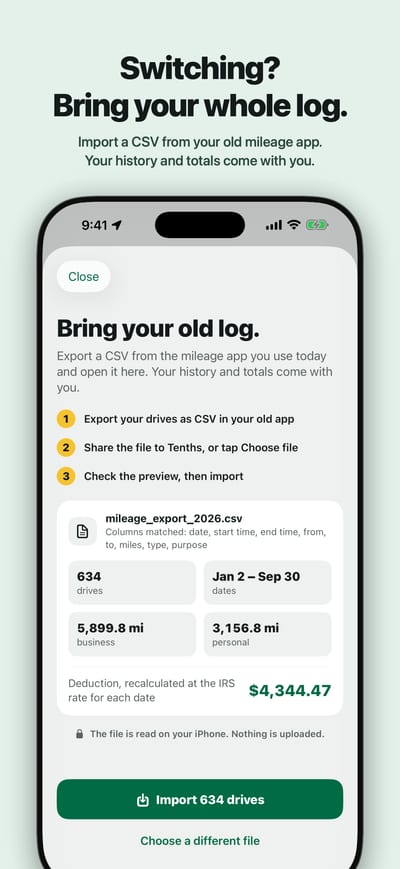 Switching? Bring your whole log: importing a CSV from another mileage app.