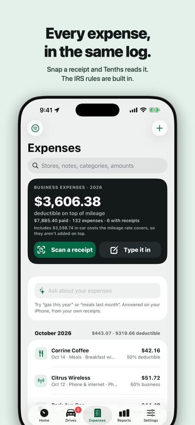 Every expense, in the same log: expenses with receipt scanning.
