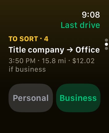 Apple Watch: sorting the last drive as personal or business.
