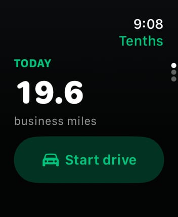 Apple Watch: today’s business miles, with a Start drive button.